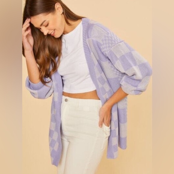 Annie Sweaters - AnnieWear Los Angeles Lavender Checkered Knit Cardigan Size Small